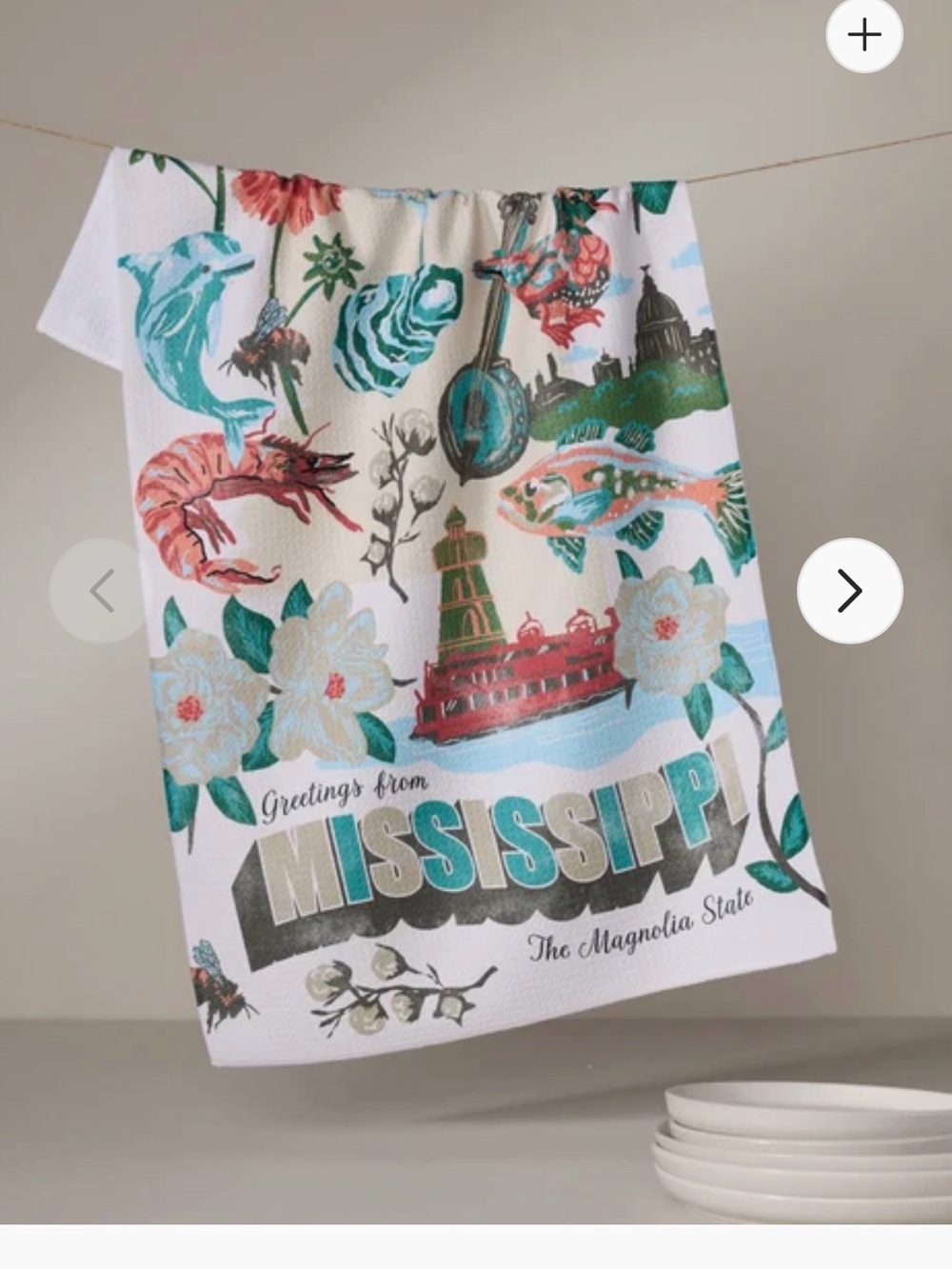 Mississippi Magnolia State Decorative Kitchen Towel - White with Teal & Coral